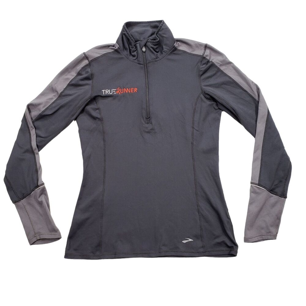 Brooks True Runner 1/4 Zip Pullover XS Women Gray Stand Up Spellout Thumb‎ Holes